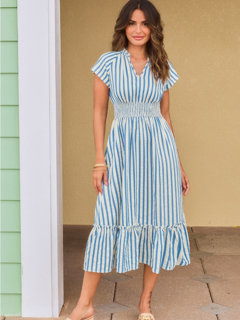 CUPSHE Smocked-Waist Blue and White Striped Midi Dress